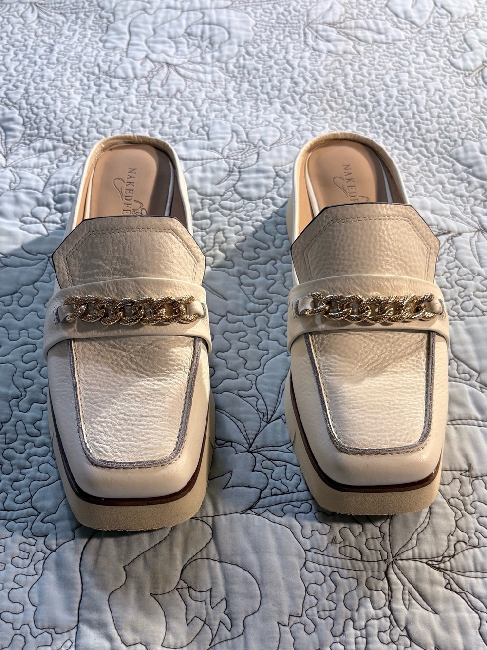 ☀️Naked Feet Elect Chamois White Leather Gold Chain Platform Loafer Mules Sz 8🧡